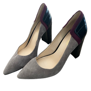 NINE WEST SUEDE HEELS WITH PURPLE/BLACK COLOUR BLOCKING, 7.5